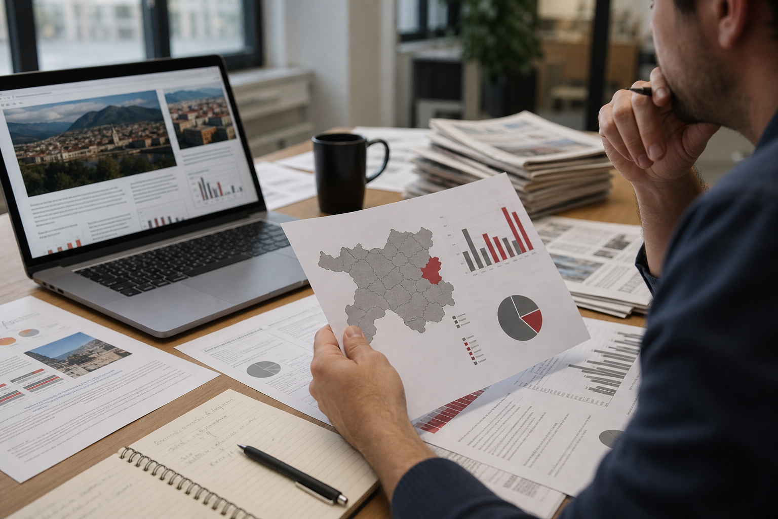 Desk redazionale con grafici stampati, laptop aperto e giornalista al lavoro sui dati