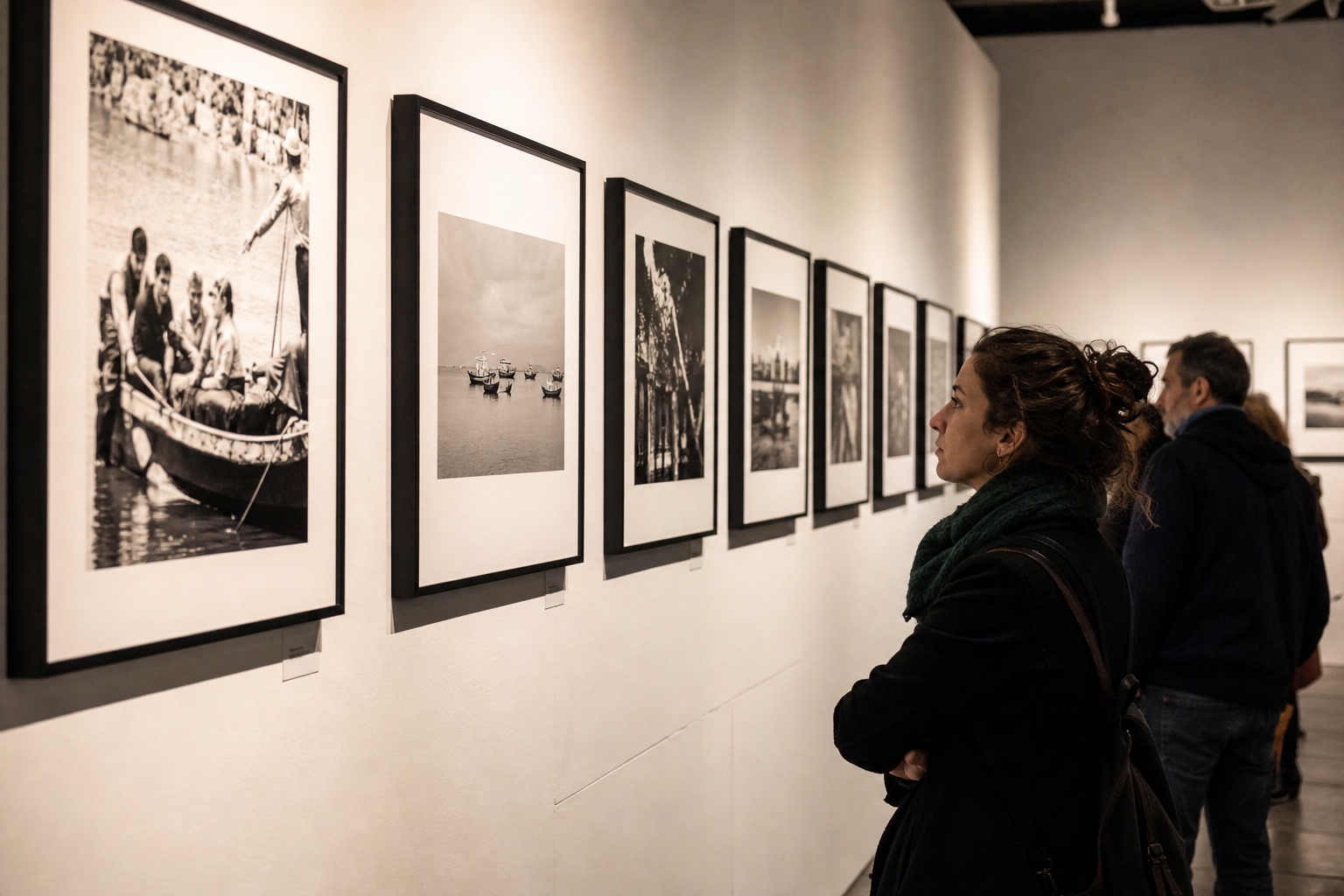 Mostra fotografica con stampe in bianco e nero in uno spazio espositivo