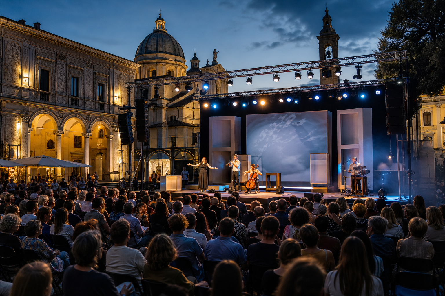 Scena culturale contemporanea italiana con pubblico in primo piano e palco illuminato durante un evento artistico multidisciplinare