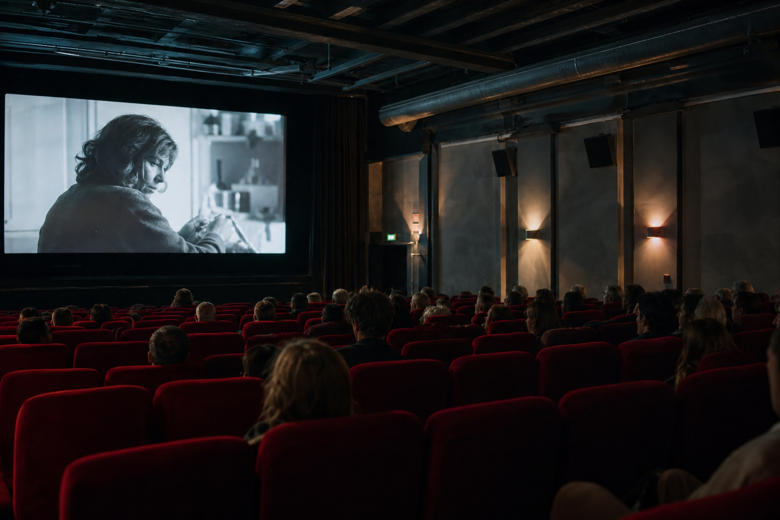 Schermo cinematografico in una sala indipendente durante una proiezione serale