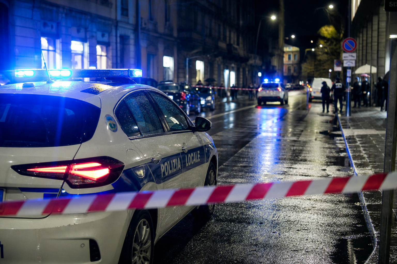 Auto della polizia locale e nastro di sicurezza in una strada cittadina illuminata di sera