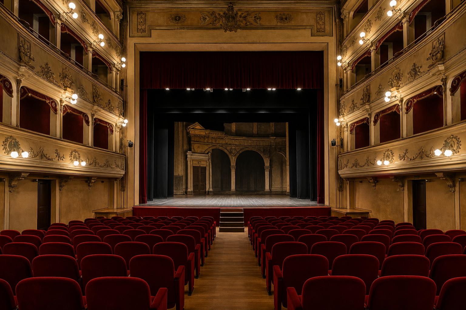 Interno di teatro storico con sedute rosse e palco illuminato, taglio fotografico documentario