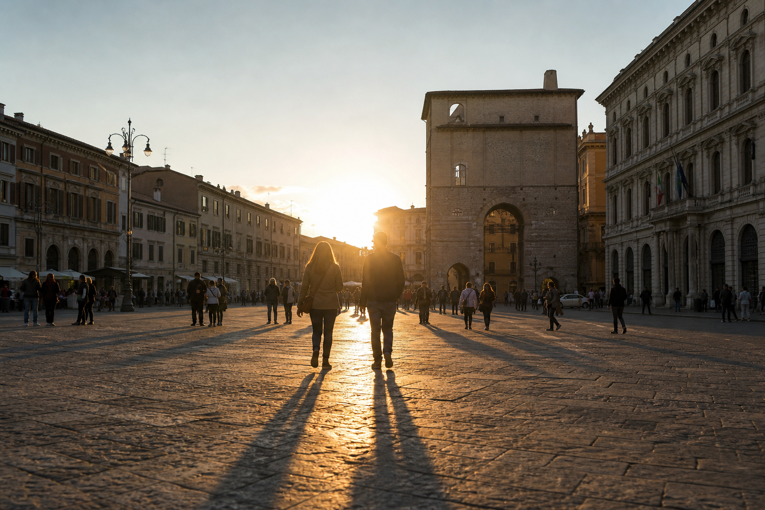 Veduta urbana al tramonto con persone in controluce in una piazza italiana, atmosfera editoriale contemporanea