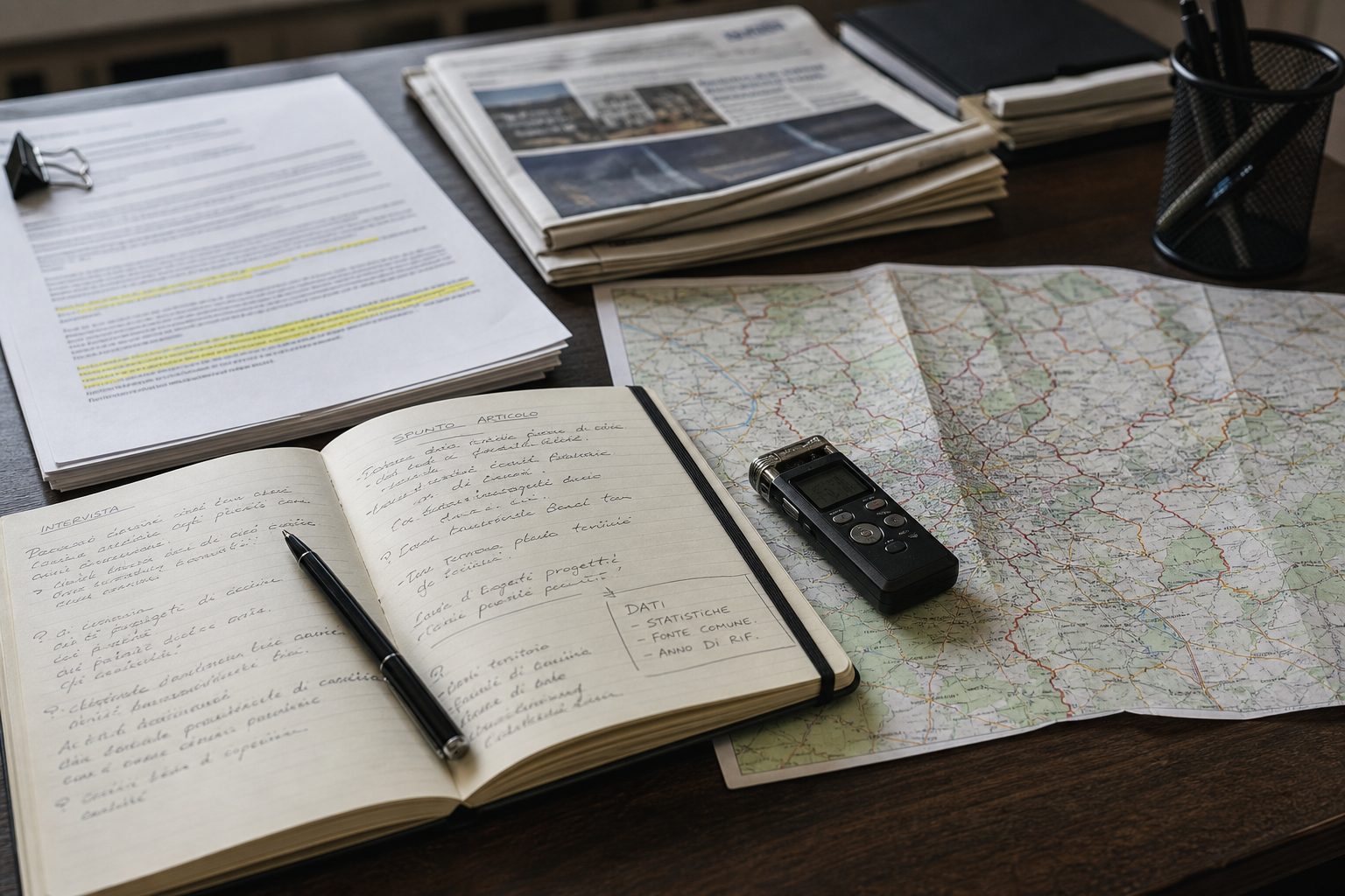 Composizione editoriale con documenti, cartina del territorio e taccuino per inchieste giornalistiche