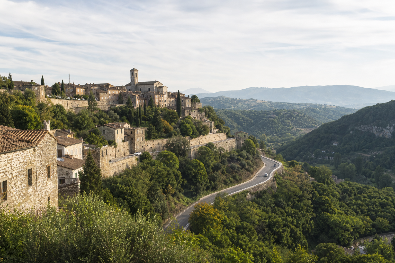 Paesaggio collinare con borgo storico e strada provinciale, luce morbida mattutina