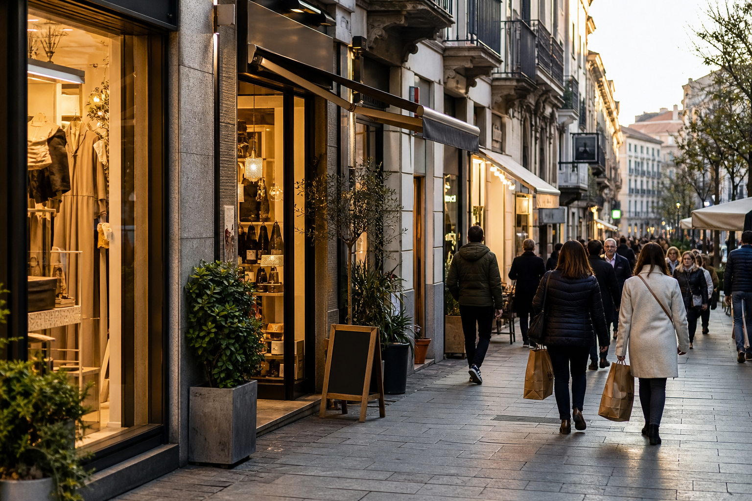 Strada commerciale con negozi di quartiere, vetrine illuminate e passaggio di clienti