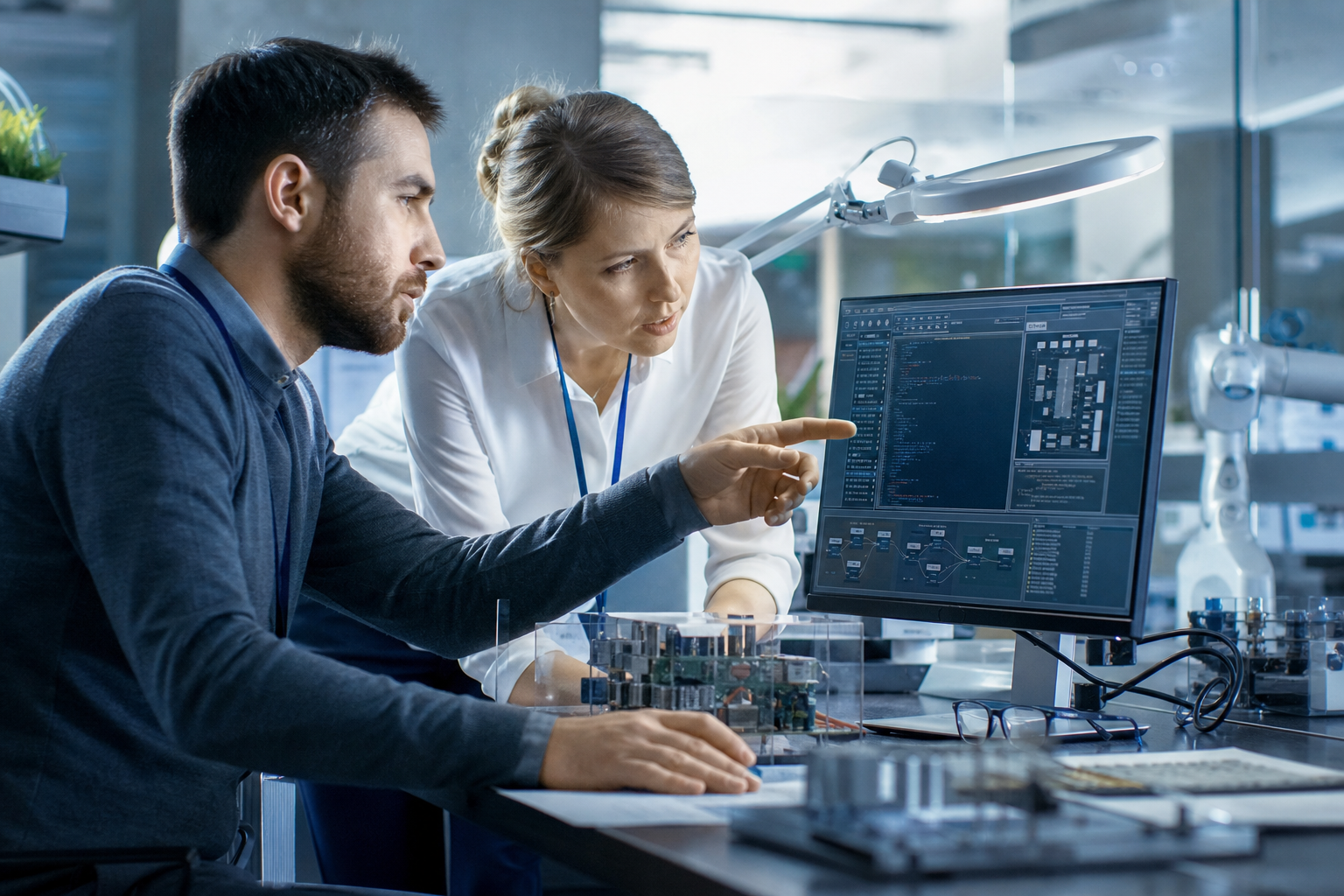 Team tecnico in laboratorio digitale con schermi dati, sensori e prototipo elettronico su banco