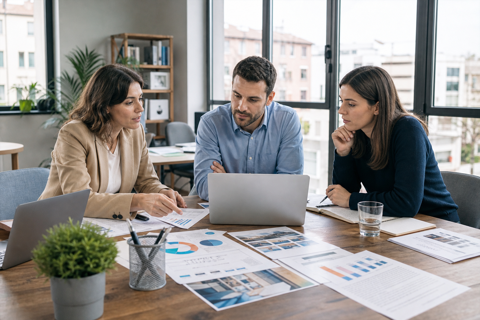 Redazione economica in un ufficio contemporaneo con professionisti al lavoro su laptop, documenti e grafici