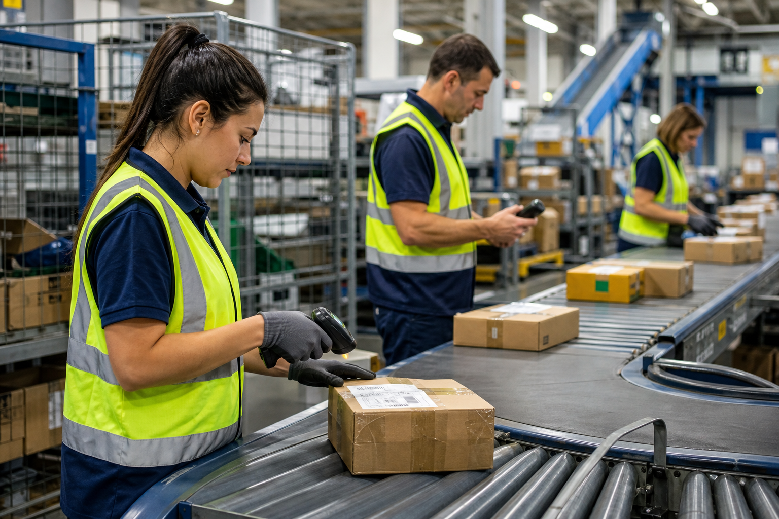 Linea di operatori in un laboratorio logistico con scanner manuali e pacchi etichettati