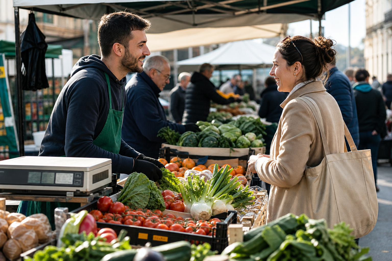 Banco di mercato locale con clienti e piccoli imprenditori durante la mattina