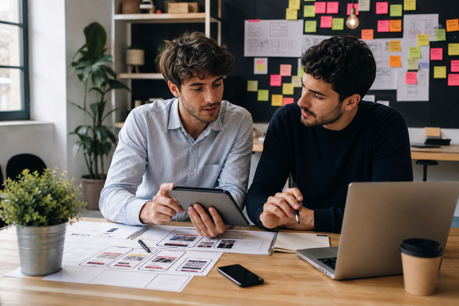 Due giovani founder in spazio coworking con post-it, tablet e mockup di prodotto sul tavolo