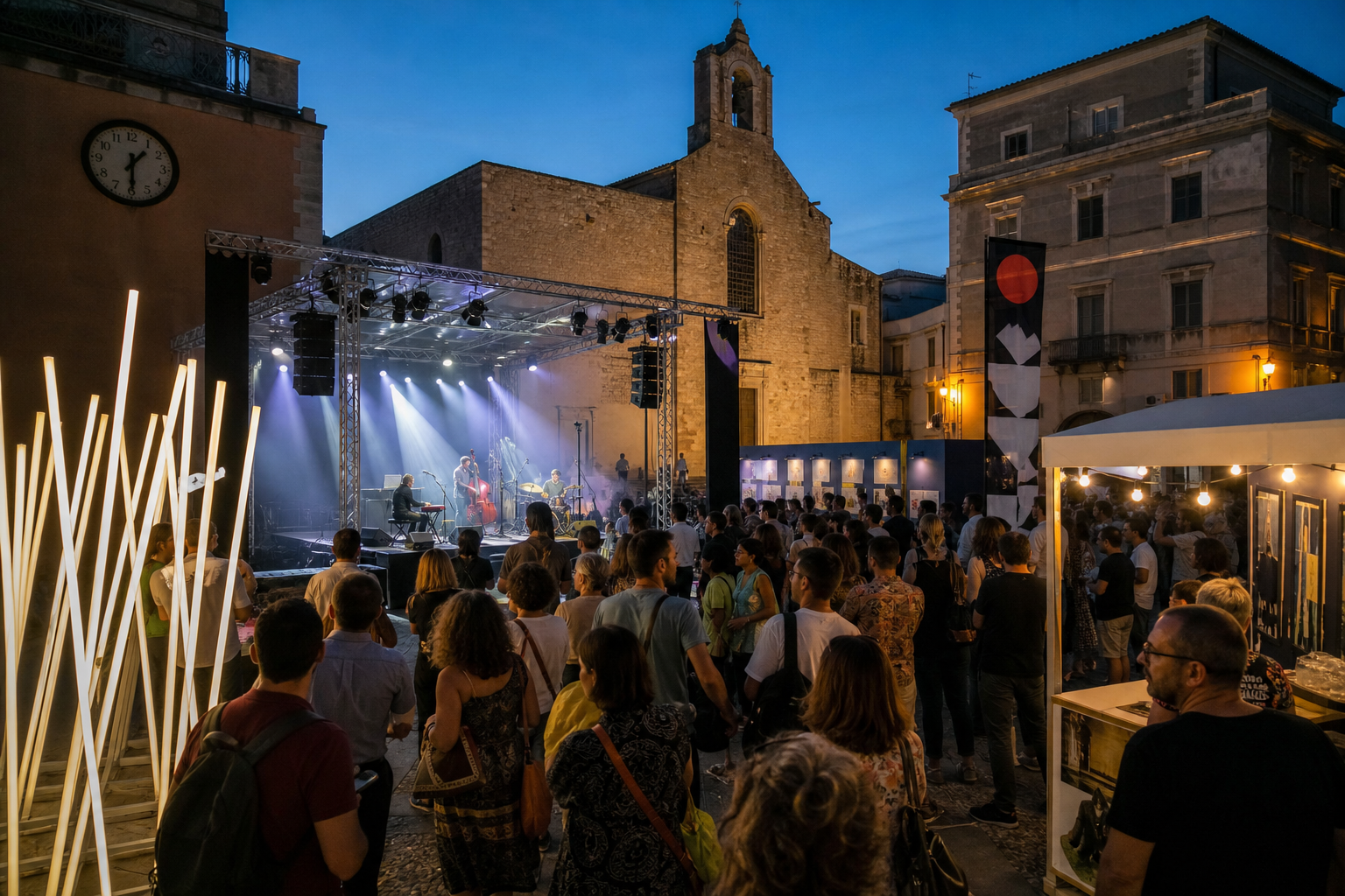 Festival culturale in piazza con pubblico, palco e installazioni luminose