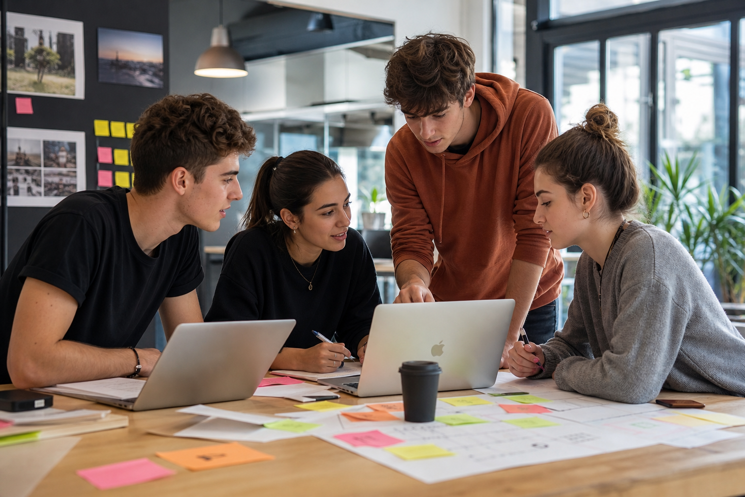 Gruppo di giovani in coworking durante una sessione di progettazione