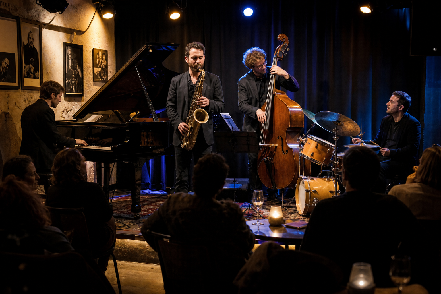 Quartetto jazz su un palco piccolo con luci calde e pubblico ravvicinato