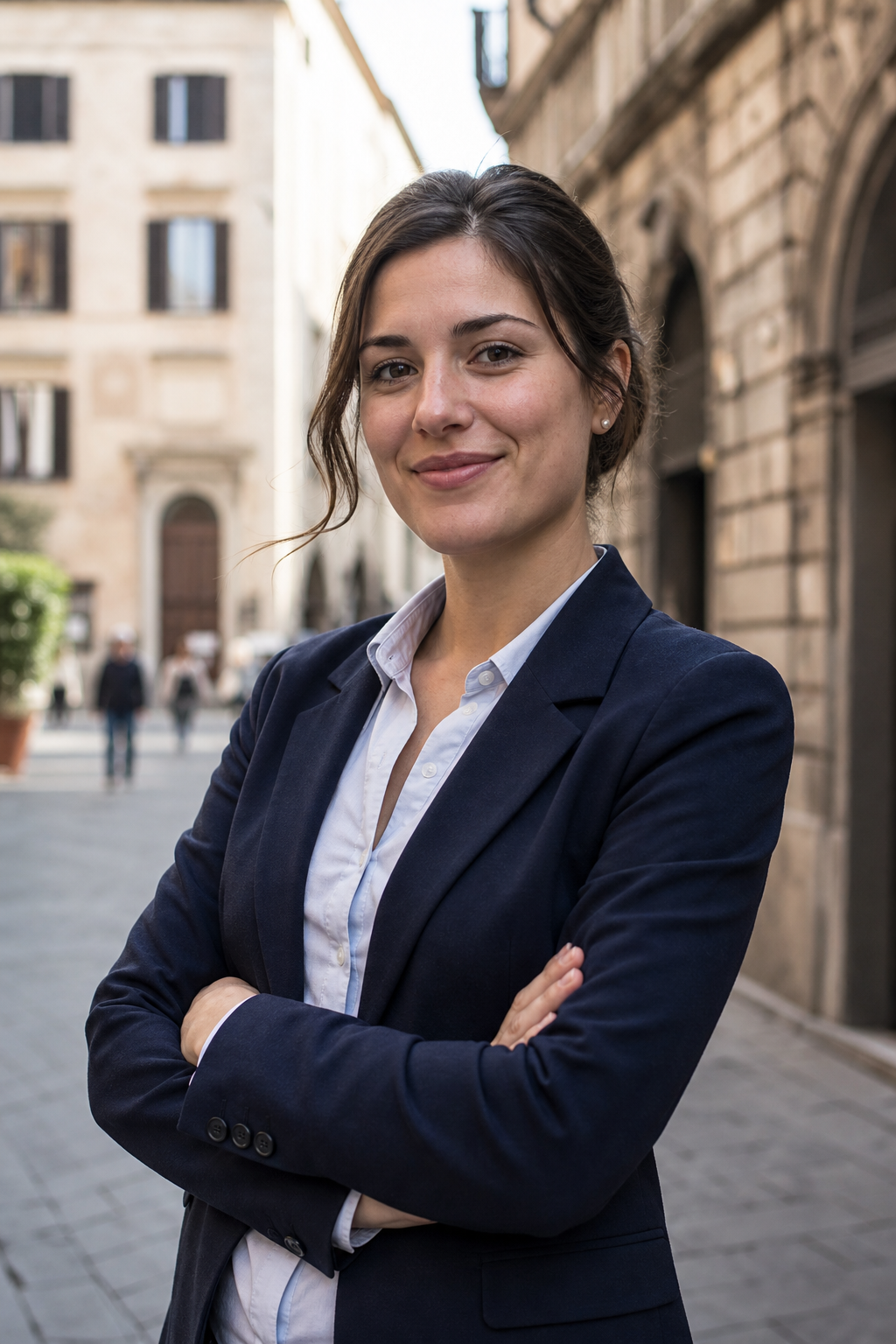 Ritratto editoriale contemporaneo di una giovane protagonista locale in ambiente urbano, con luce naturale e sguardo diretto