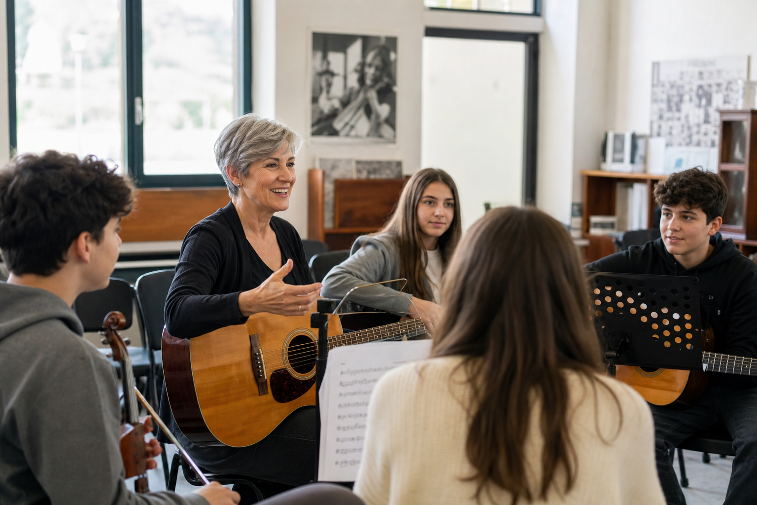 Insegnante di musica con studenti in una scuola civica