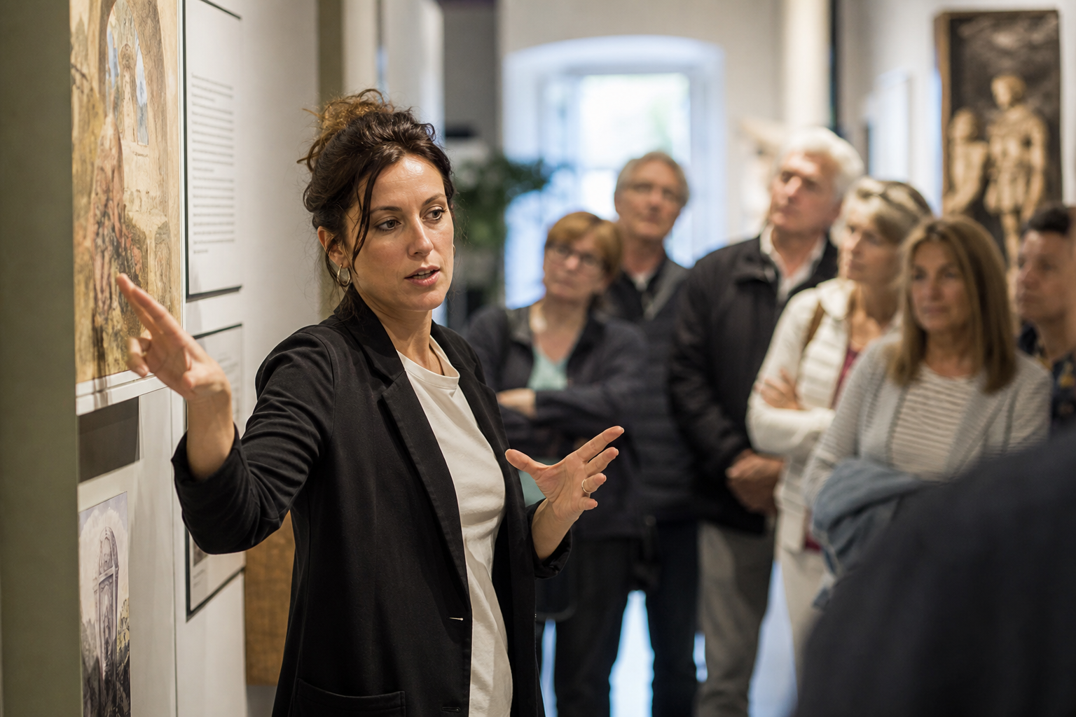 Volontaria culturale durante una visita guidata in un museo locale