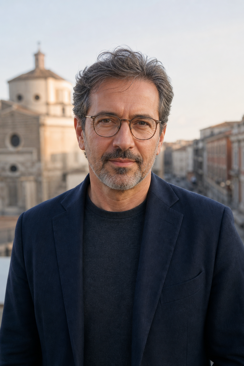 Ritratto editoriale di Andrea Vitali, uomo italiano sui 50 anni con occhiali sottili e giacca blu scuro, luce naturale e sfondo cittadino