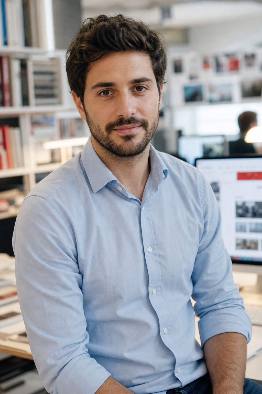 Ritratto editoriale di Luca Ferretti, uomo italiano sui 30 anni con barba corta e camicia chiara, fotografato in redazione