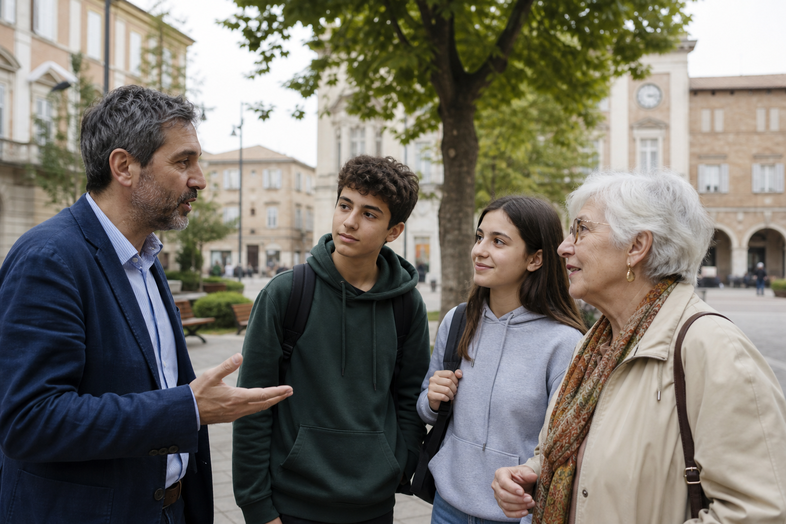 Gruppo di persone tra studenti, insegnanti e residenti in una piazza urbana italiana durante un incontro di comunità