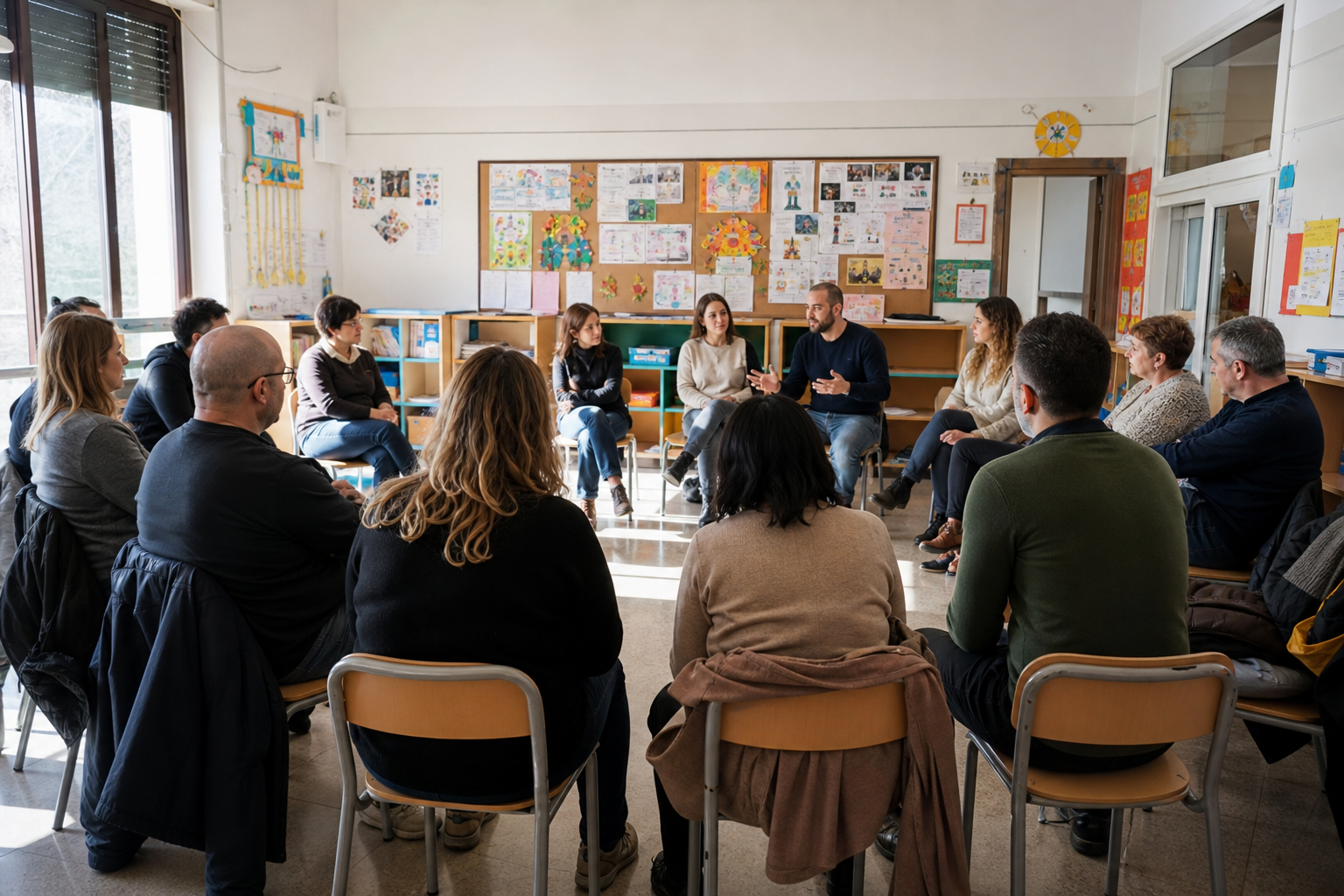 Incontro pubblico in una scuola di quartiere con famiglie e docenti seduti in cerchio
