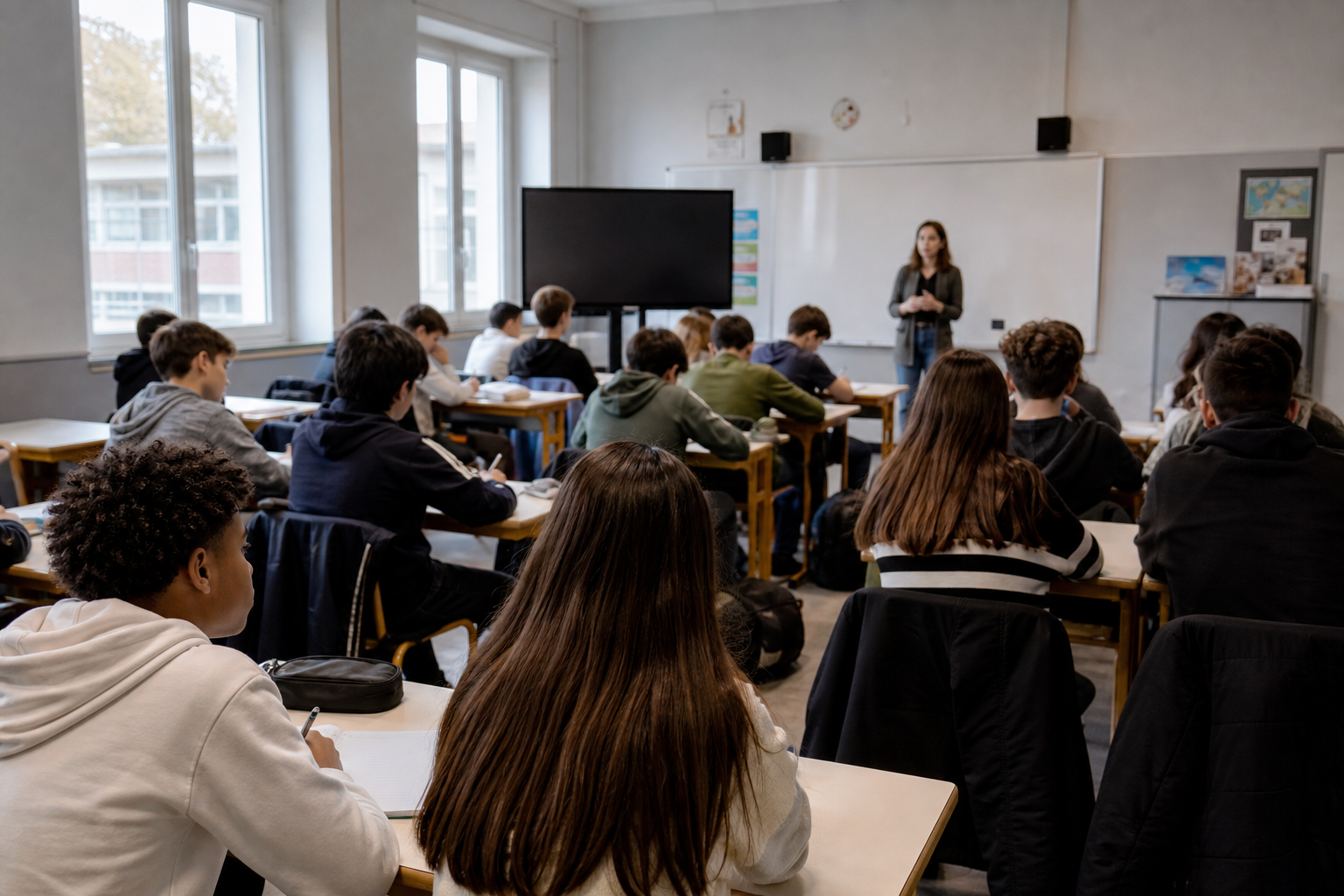Aula scolastica luminosa con studenti seduti ai banchi durante una lezione