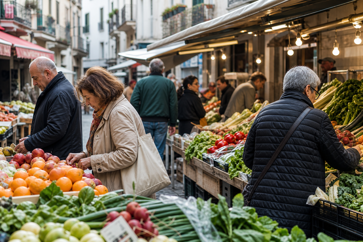 Mercato urbano con persone che scelgono prodotti freschi e locali