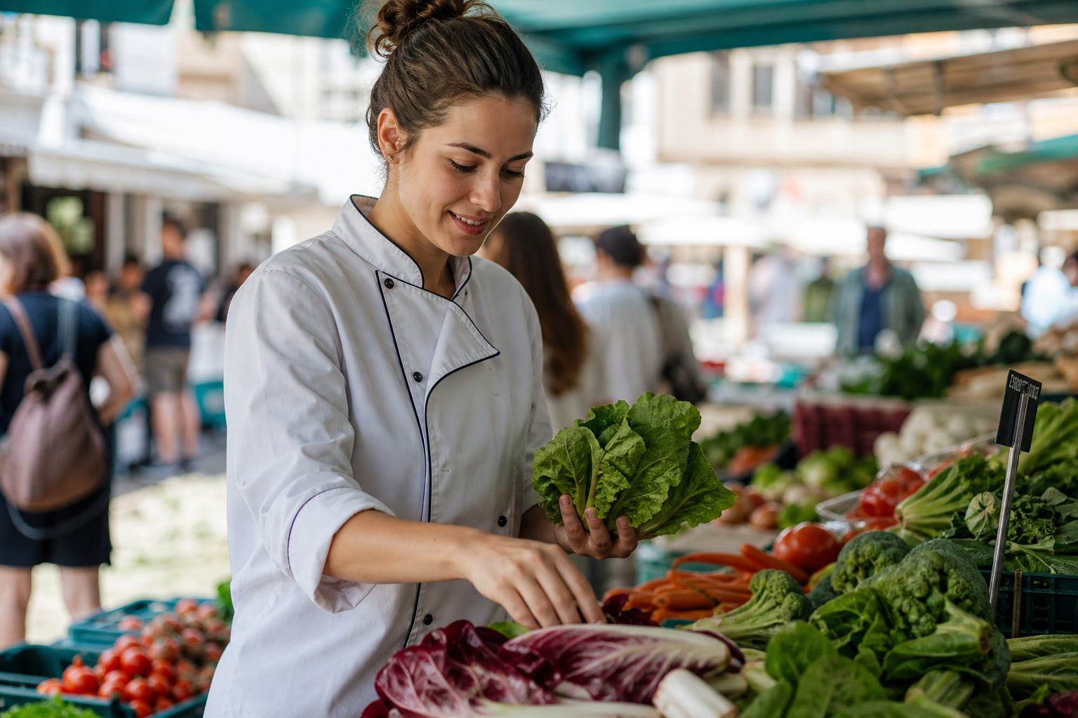 Giovane chef mentre seleziona prodotti freschi al mercato cittadino