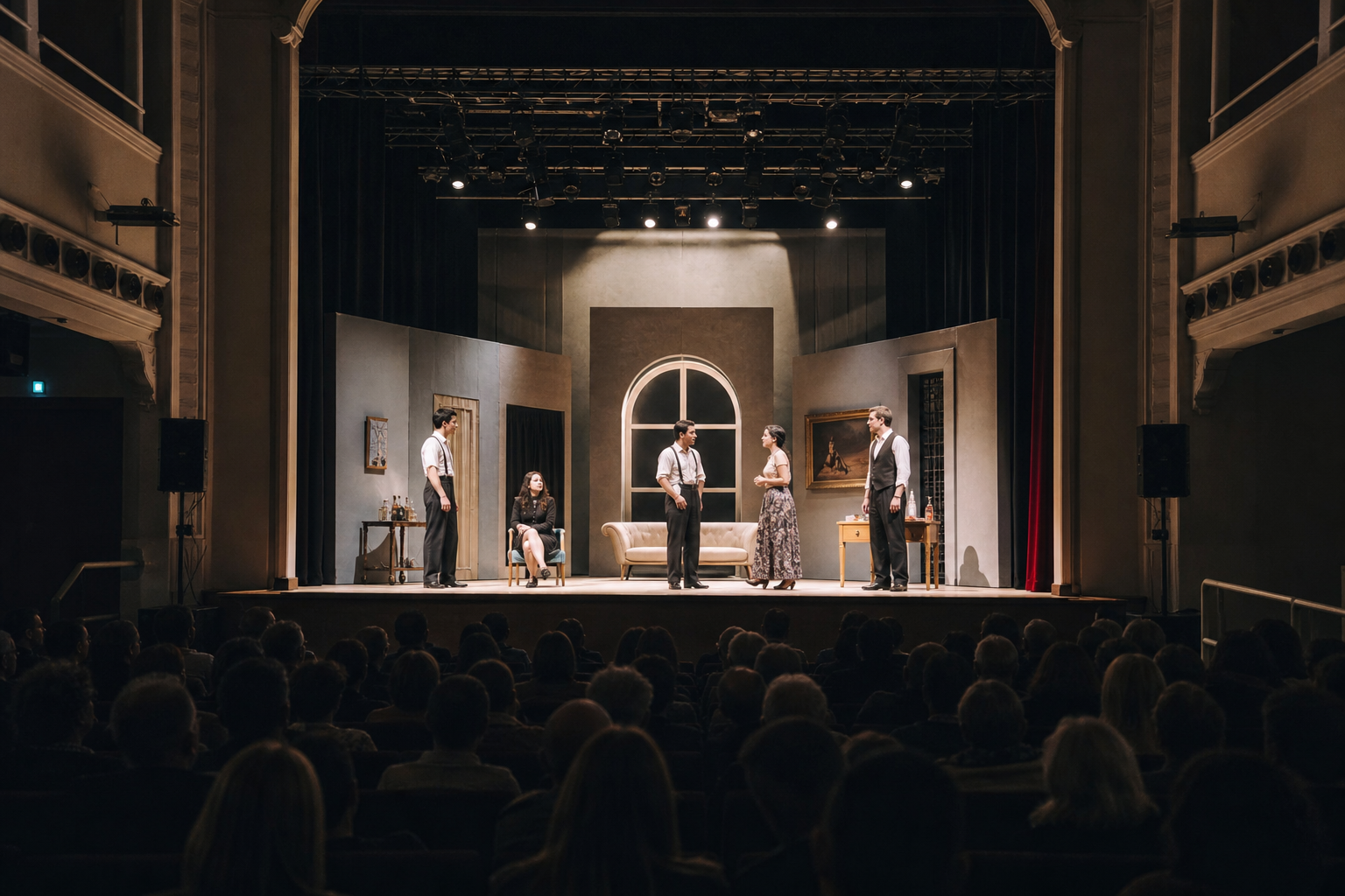 Palco teatrale illuminato con attrici e attori durante una scena serale