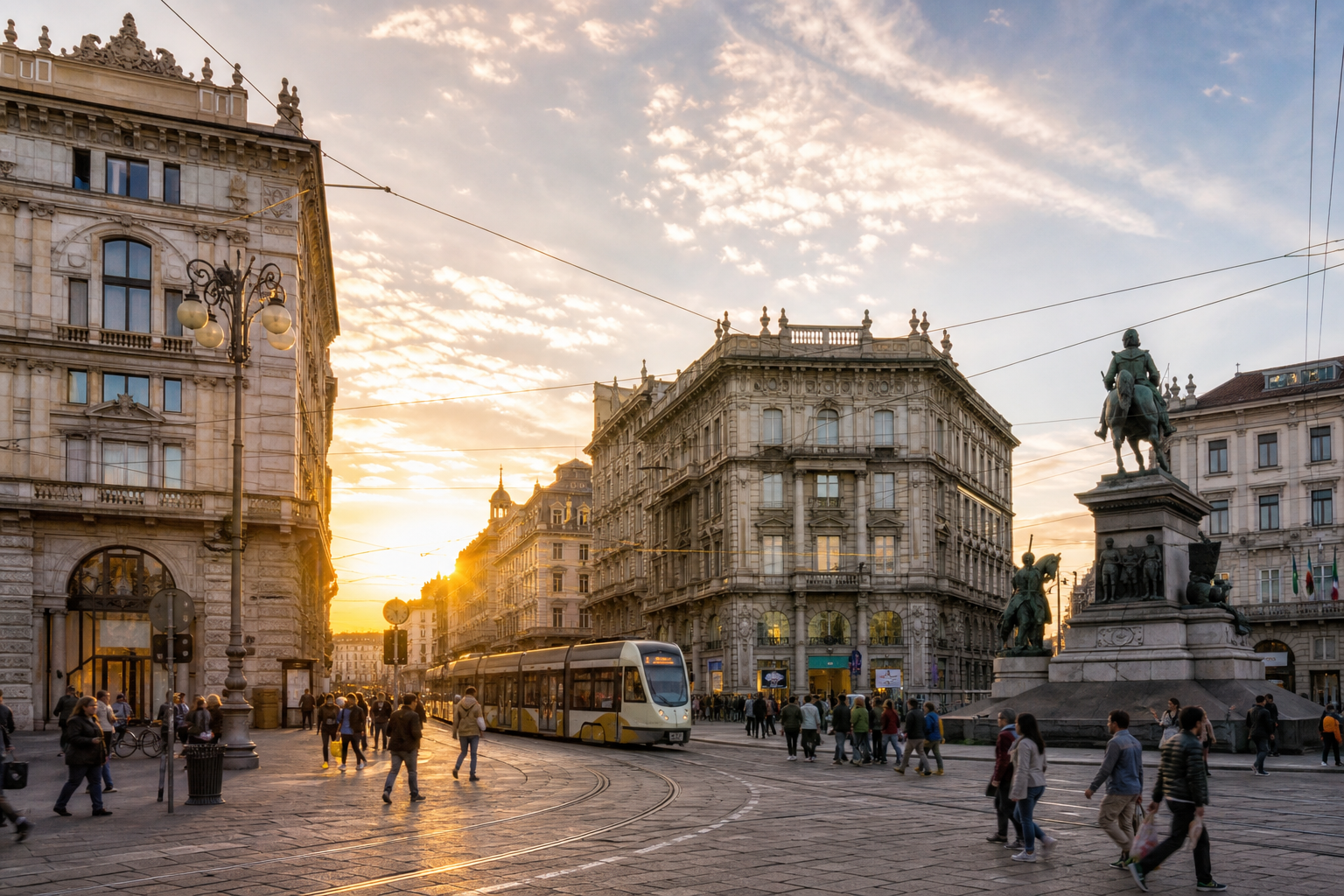 Panorama urbano italiano al tramonto con palazzi storici, piazza centrale e persone che attraversano la strada