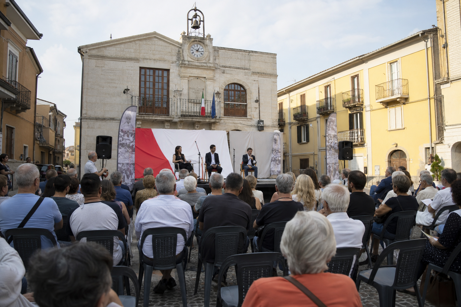 Evento di comunità all'aperto con palco, sedute e cittadini riuniti durante un'iniziativa civica