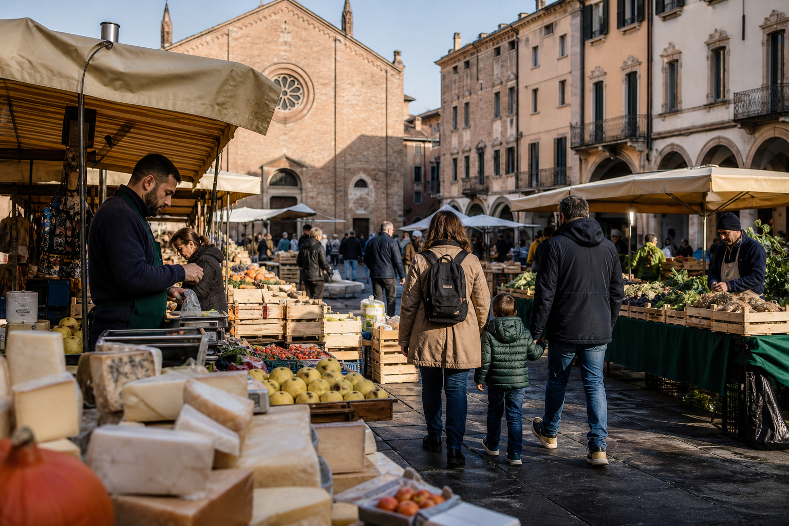 Mercato locale mattutino con banchi di prodotti tipici, venditori e famiglie in una piazza storica