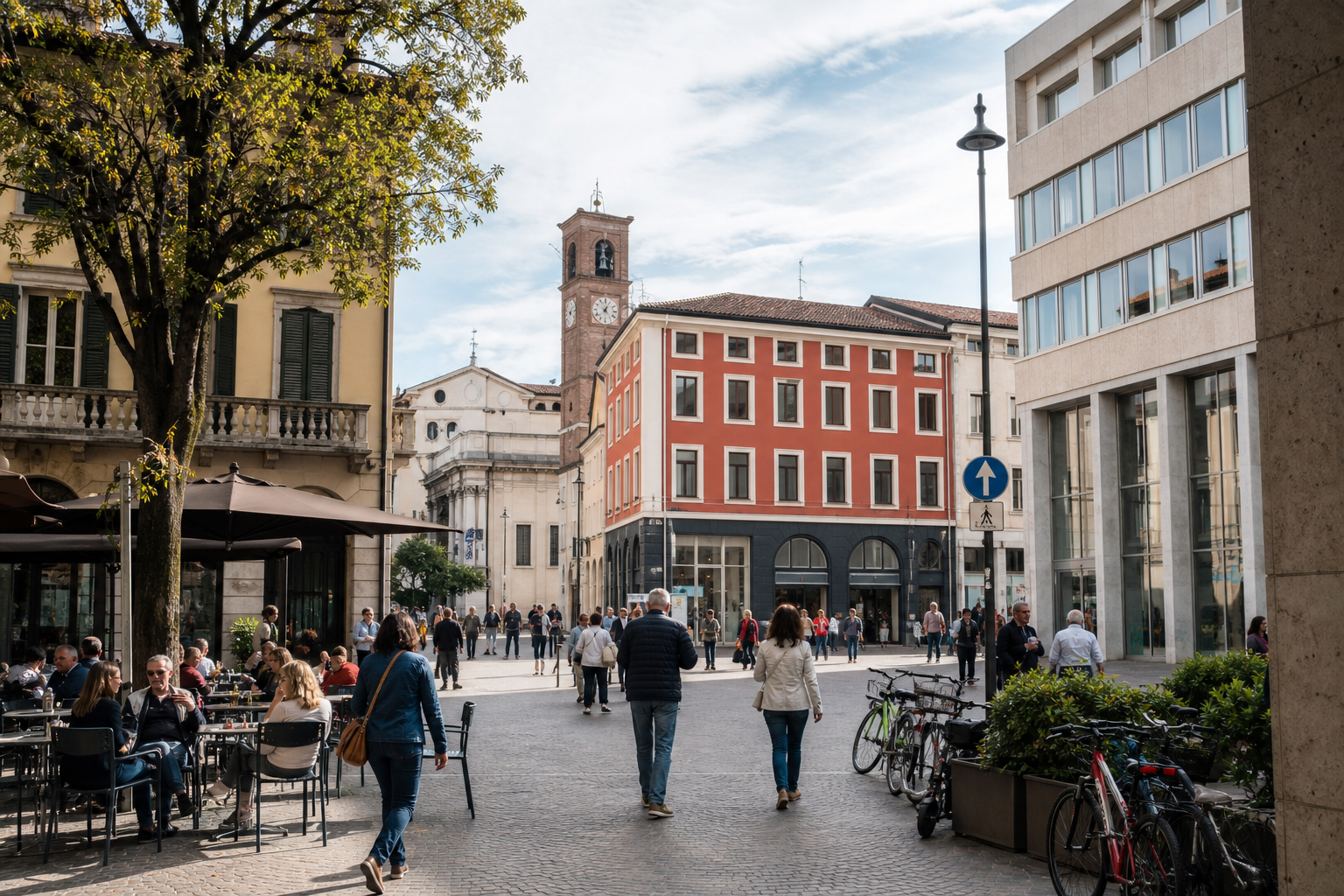 Piazza urbana italiana contemporanea con persone, attività di quartiere e architettura civile