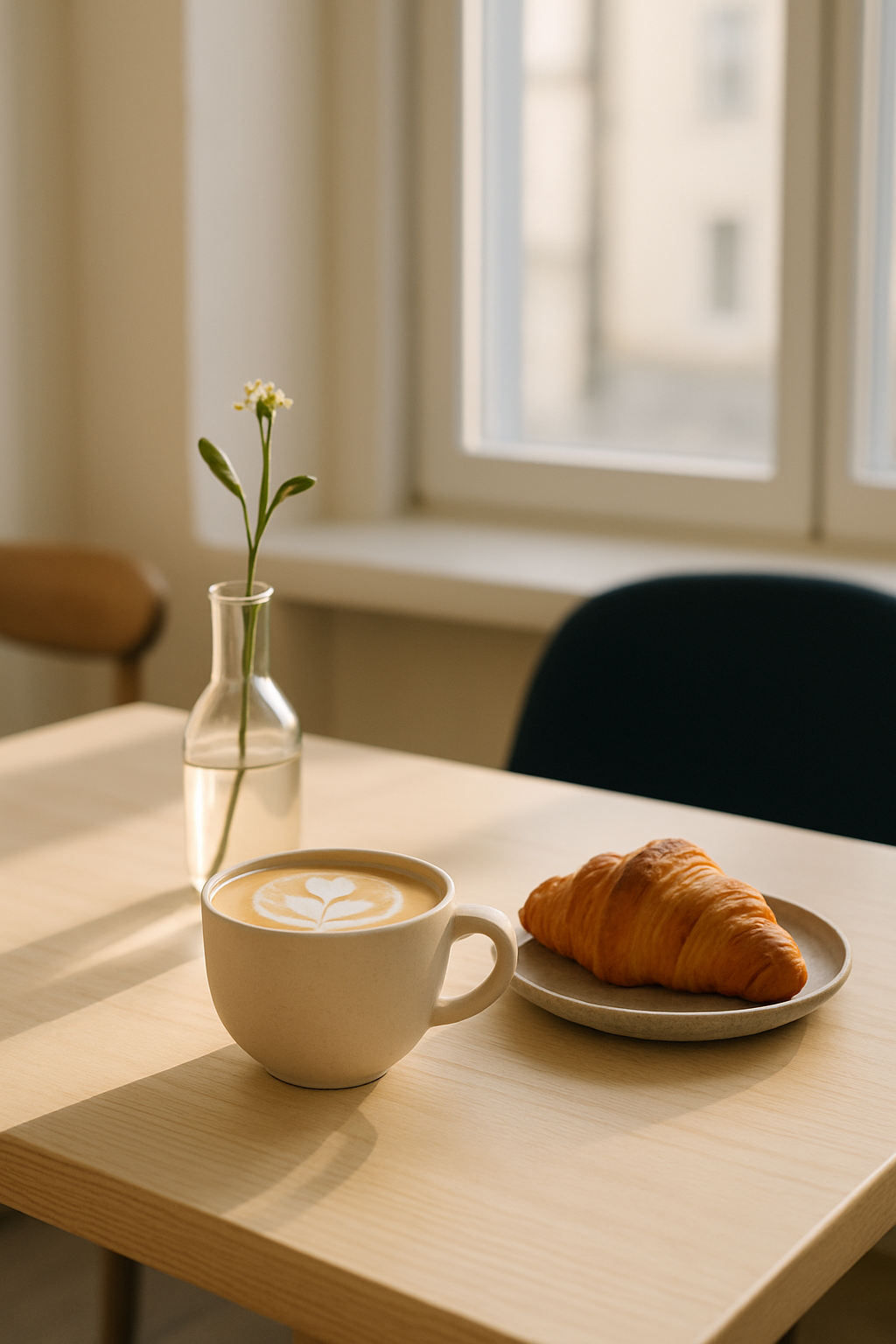 Warm cafe detail with a ceramic coffee cup, flaky pastry, and a small vase on a light wood table by a sunlit window