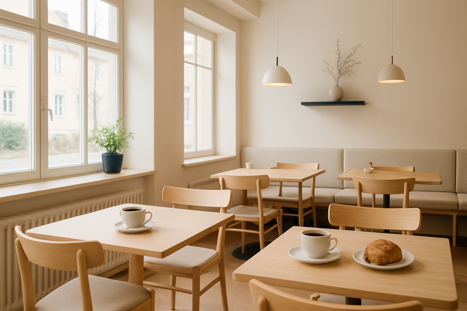 Cozy North Dock Coffee interior with soft natural light, pale wood tables, ceramic cups, and fresh pastries