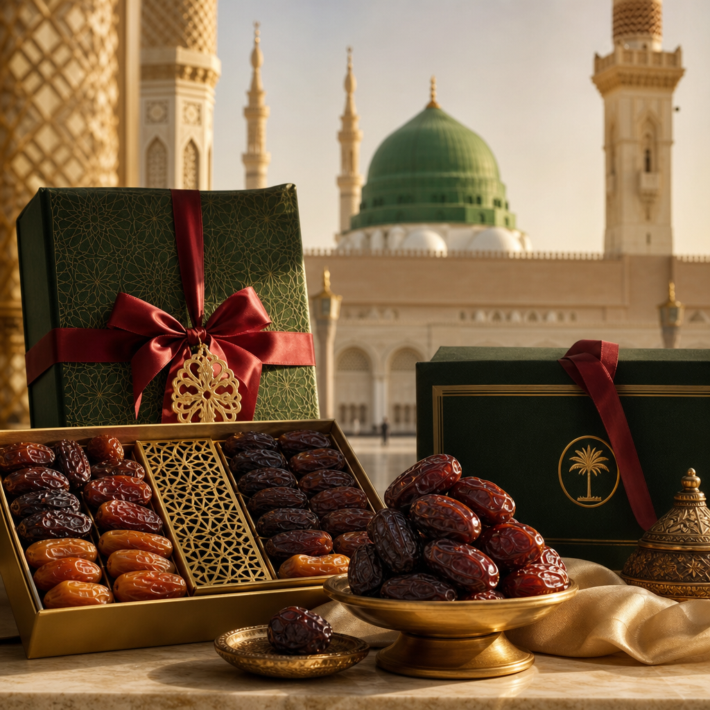 Luxurious display of premium Madinah dates in elegant gift boxes with warm golden lighting and respectful heritage architecture in the background
