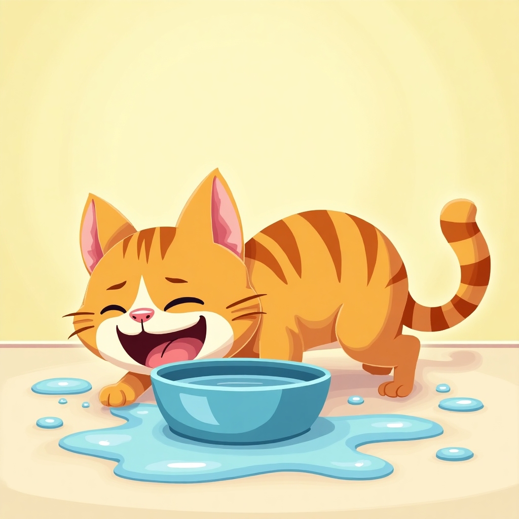 Playful orange tabby cat next to a spilled water bowl
