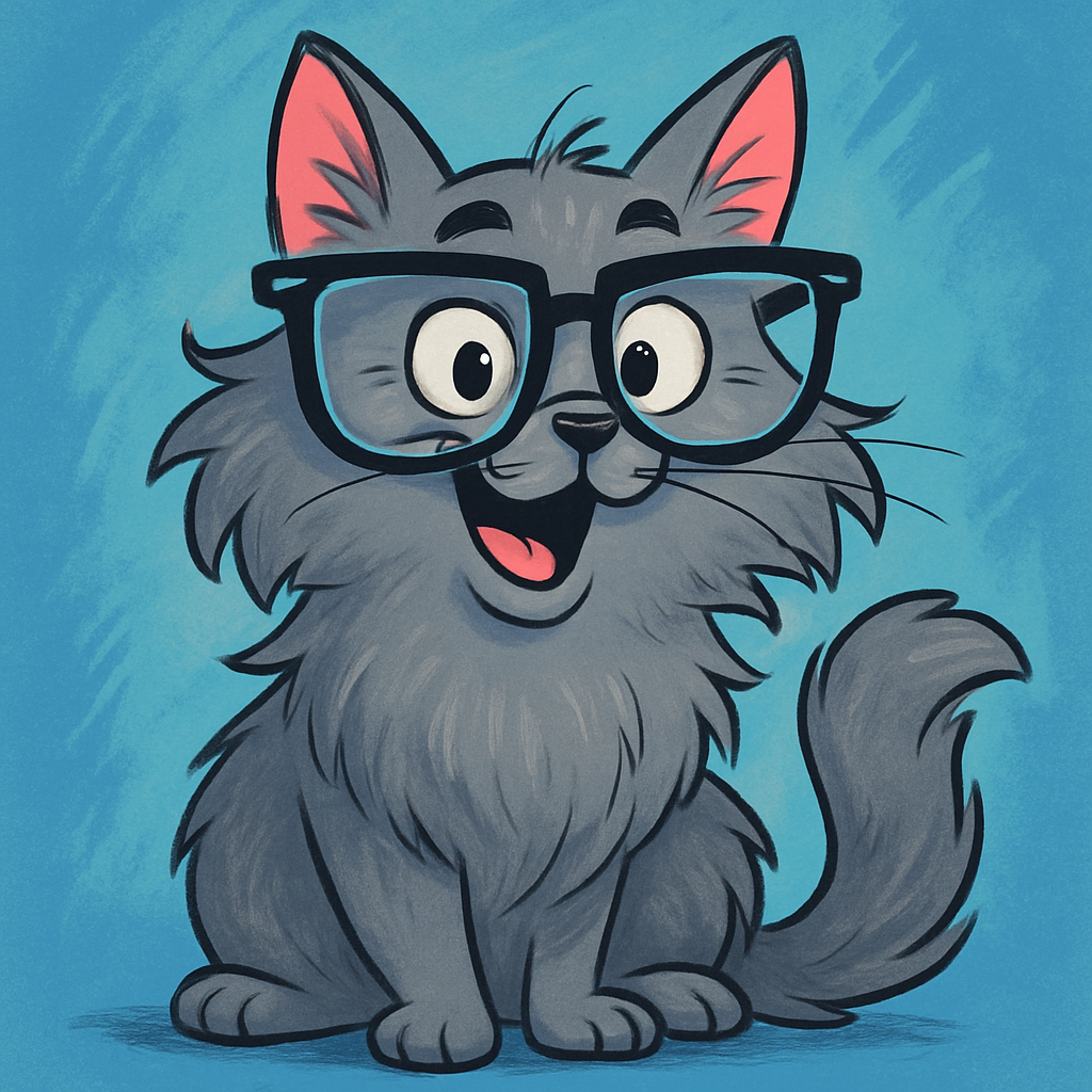 Grey long-haired cat with glasses, reminiscent of a witty comedian, playful mood
