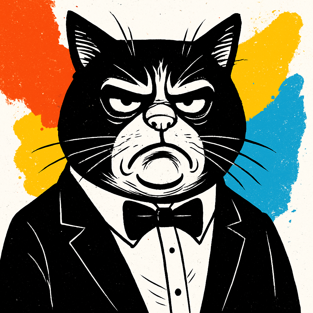 Black and white tuxedo cat channeling a stern politician, exaggerated serious face