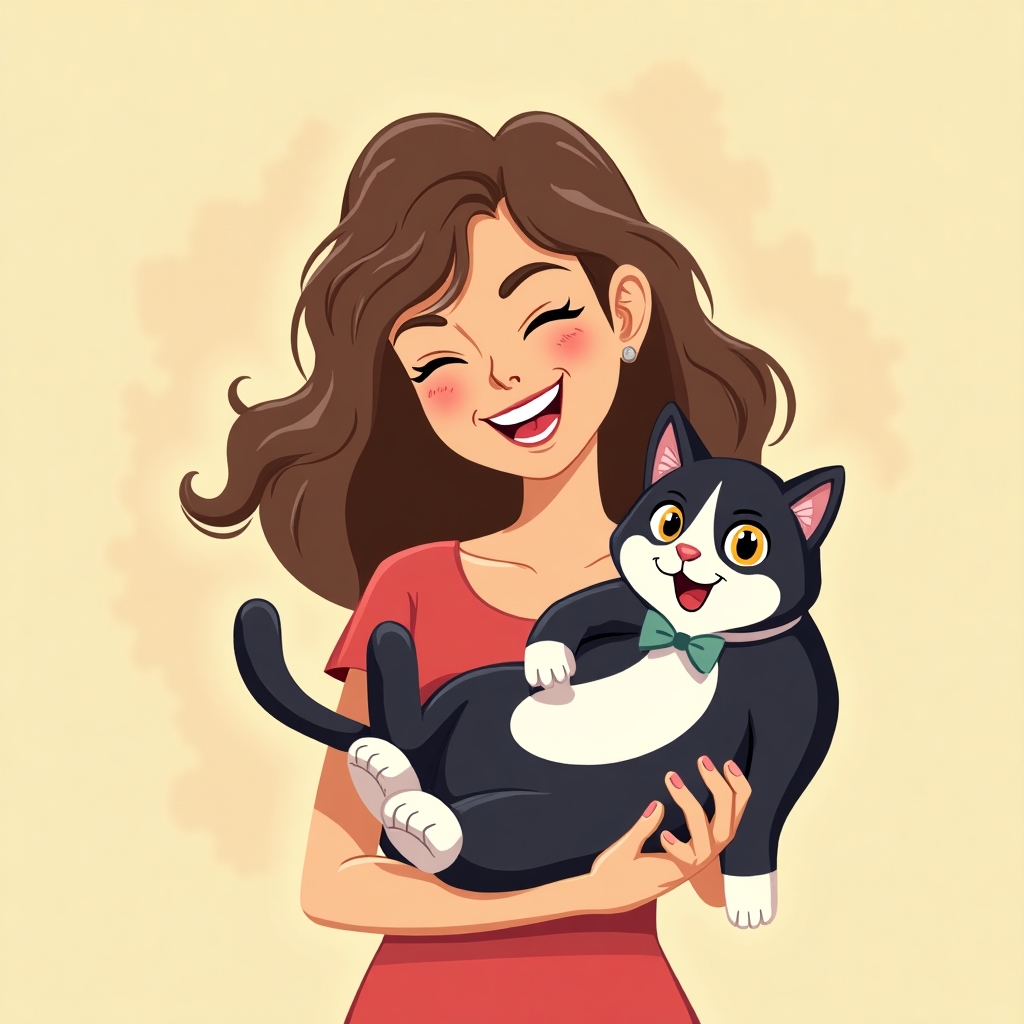 Laughing cat owner with a tuxedo cat