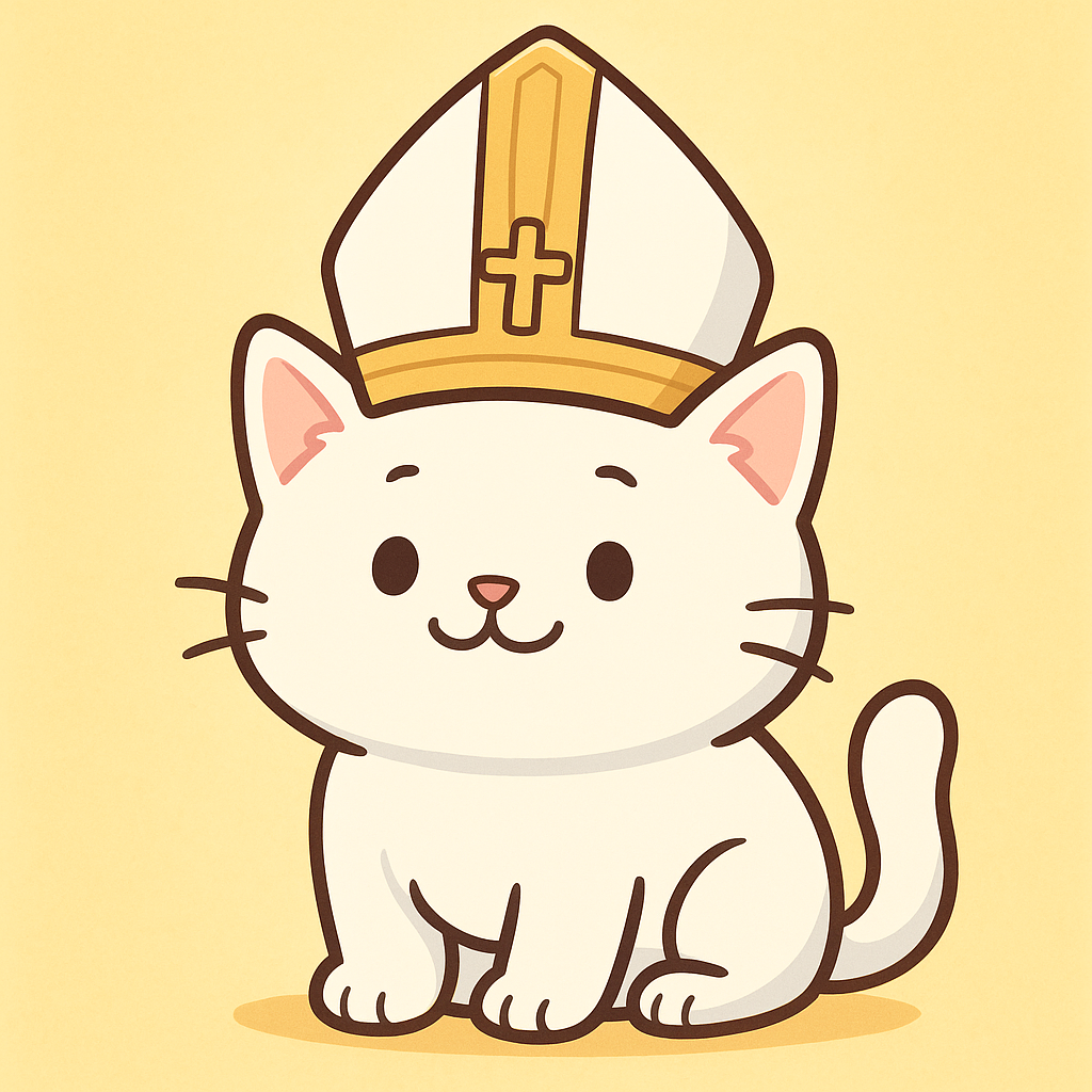 Cartoonish white cat with a tiny papal hat and gentle eyes, resembling the Pope, cheerful style