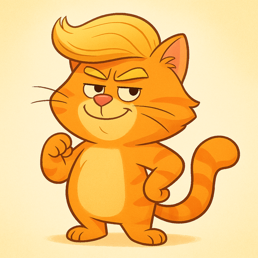 Cartoonish orange cat with a fluffy blond wig resembling Donald Trump, playful style