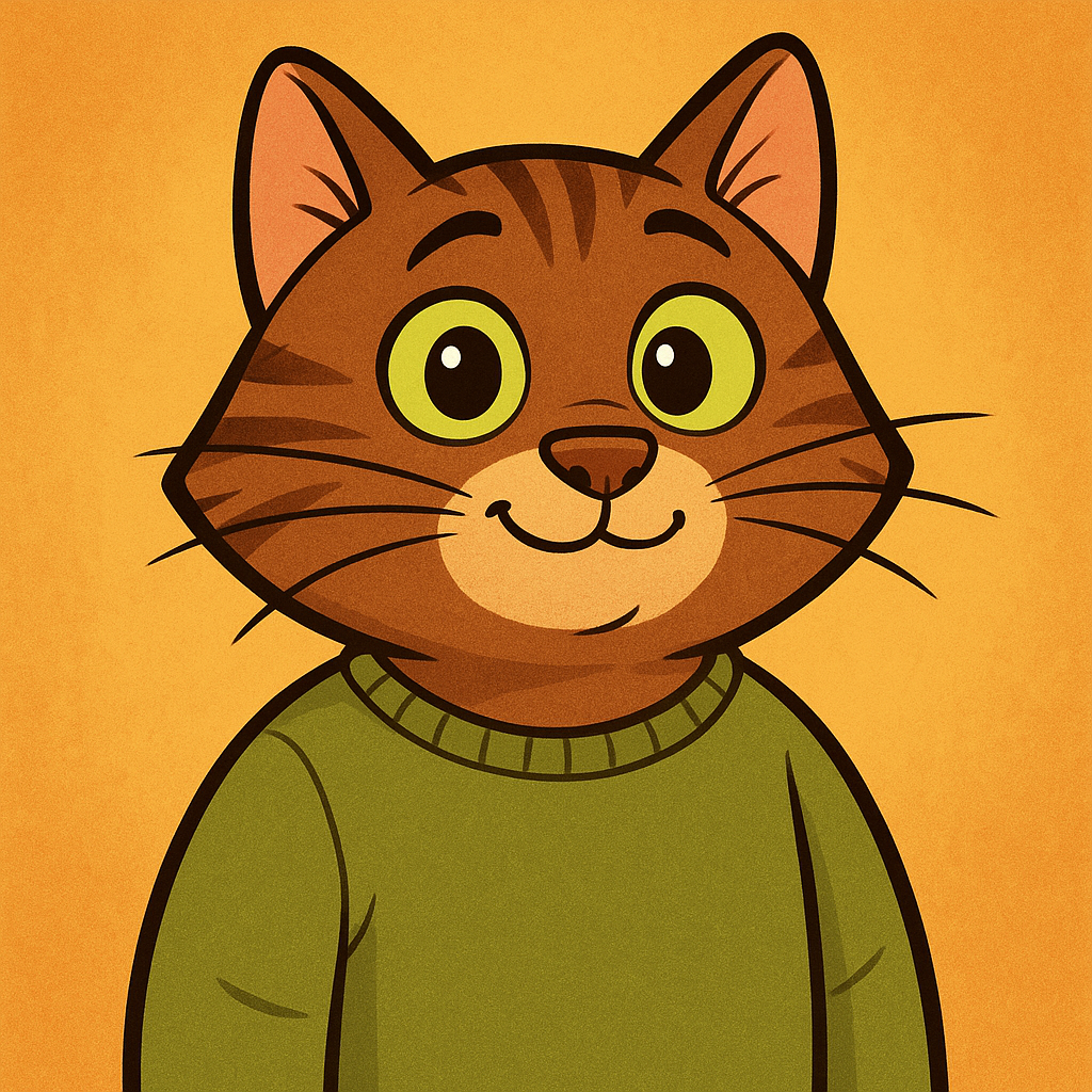 Cartoonish tabby cat with expressive green eyes and a casual olive sweater, resembling Zelenskyi, playful mood