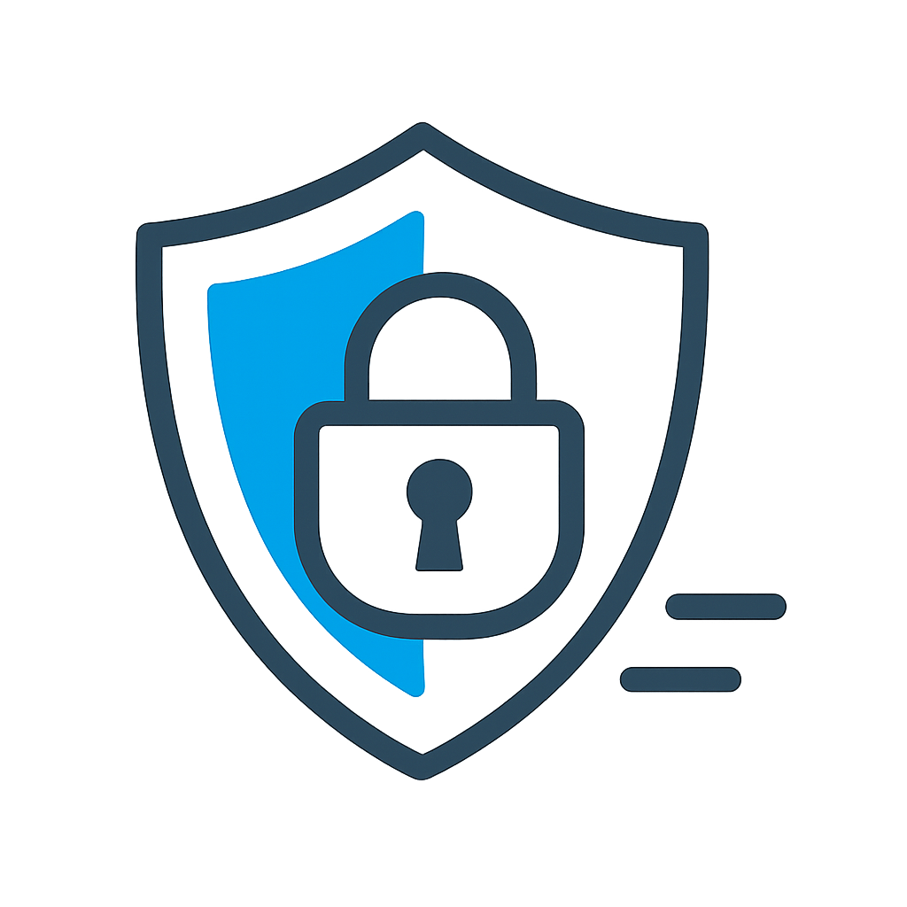 Data protection icon with shield and lock, blue accent