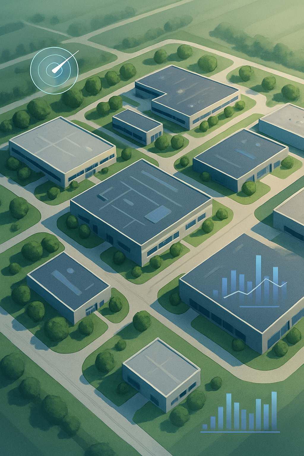 Satellite-style view of a sprawling industrial campus with multiple building roofs, landscaped edges, and soft data visualization accents