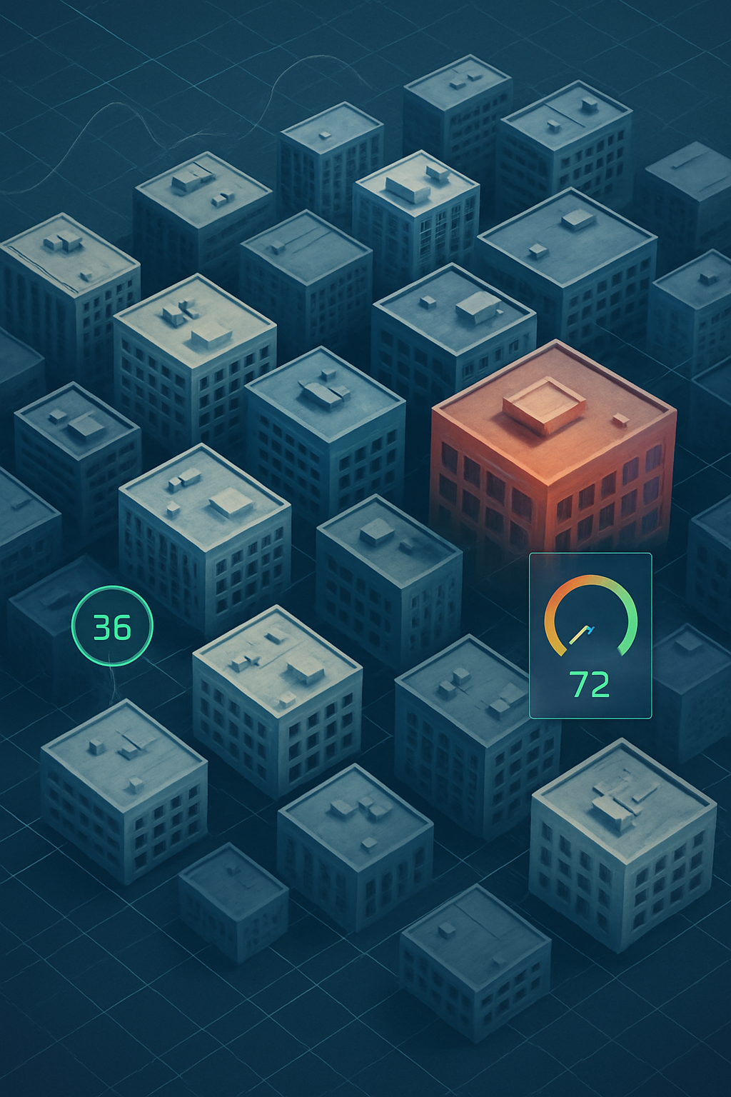 High-angle satellite-inspired view of a dense urban rooftop cluster with subtle analytic overlays and grid lines, modern professional look
