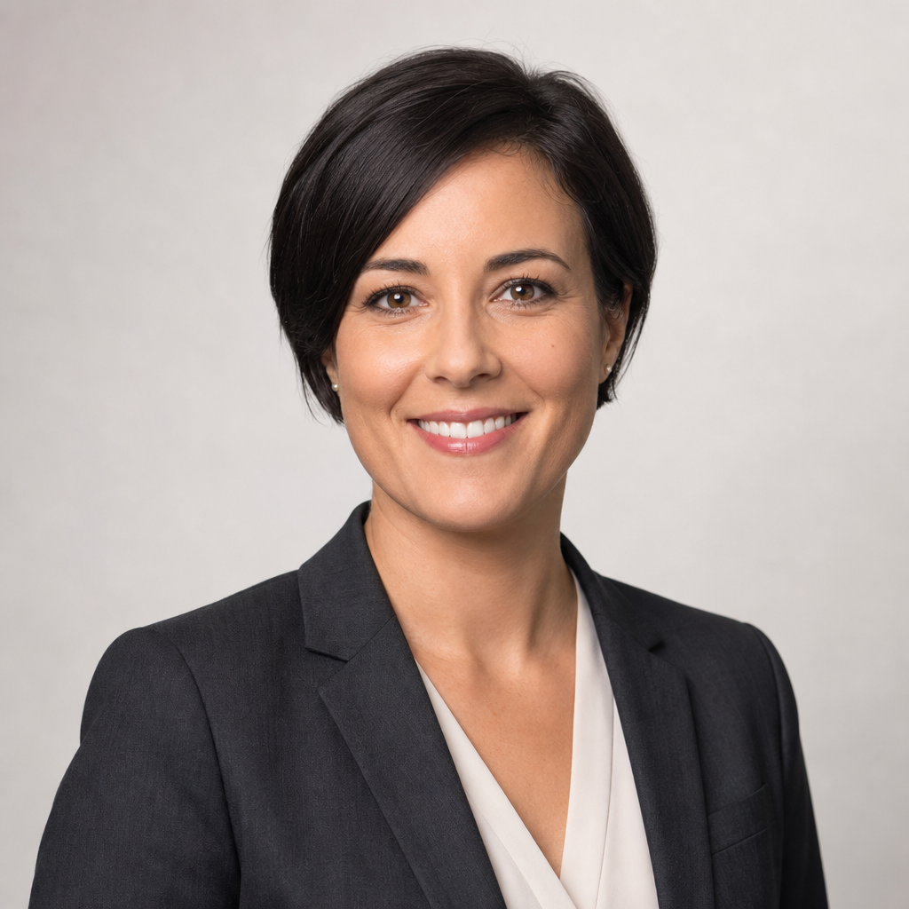 Female freight coordinator with short dark hair wearing a charcoal blazer, headshot on a light studio background