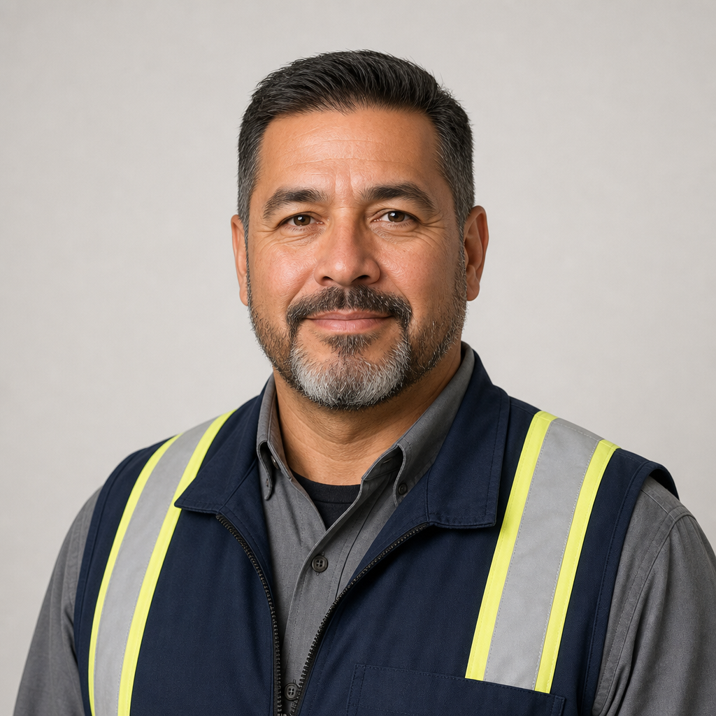 Middle-aged male CDL driver with a trimmed beard wearing a navy safety vest, headshot on a neutral background