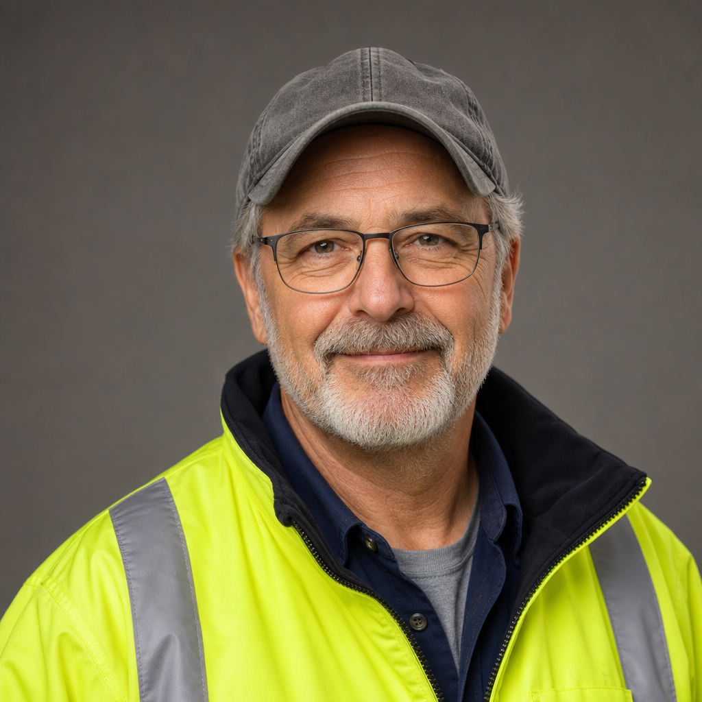 Older male truck driver with glasses and a gray cap, wearing a high-visibility jacket, headshot on a warm gray background