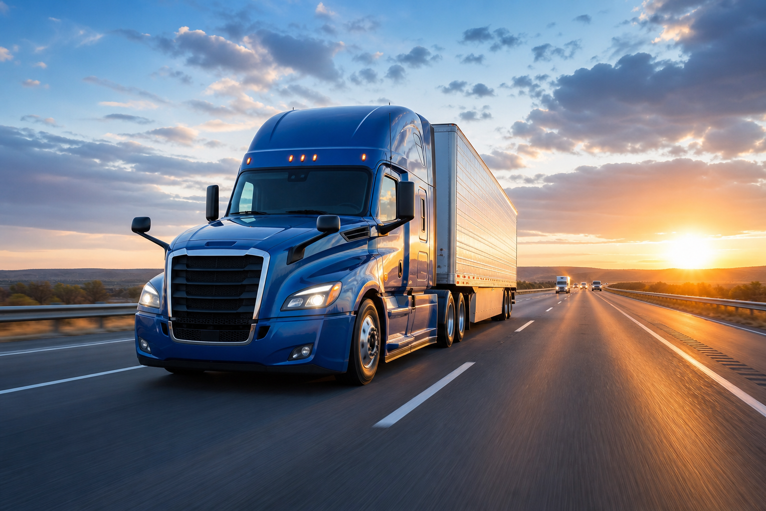 A modern blue semi truck driving on a U.S. interstate highway at sunrise, conveying nationwide reliability and professional freight service